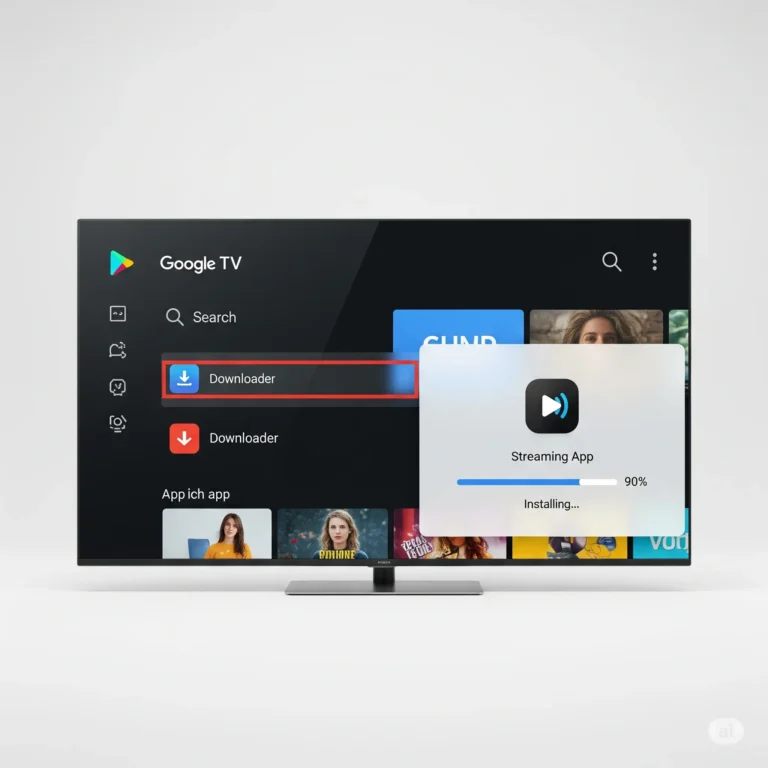 Pantalla de televisor con Google Play Store, mostrando la descarga de la aplicación Downloader, Instalar Magis TV con Downloader