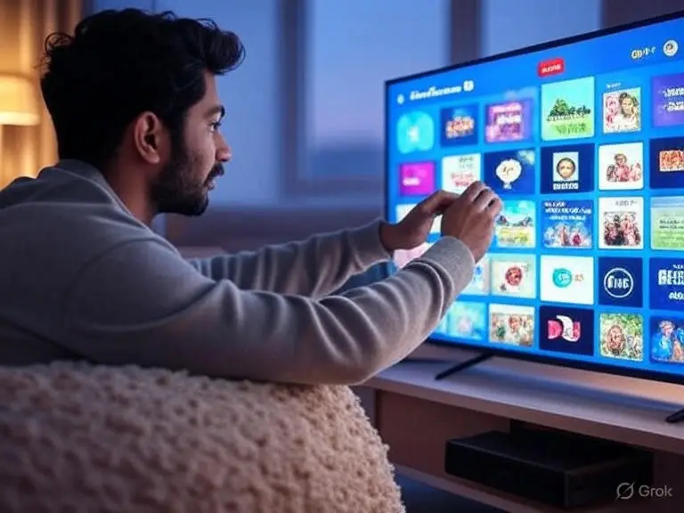 Una persona usando la aplicación de Magis TV Pro en un televisor, navegando por la interfaz con la mano. La imagen ilustra cómo la app se ve en la pantalla grande.