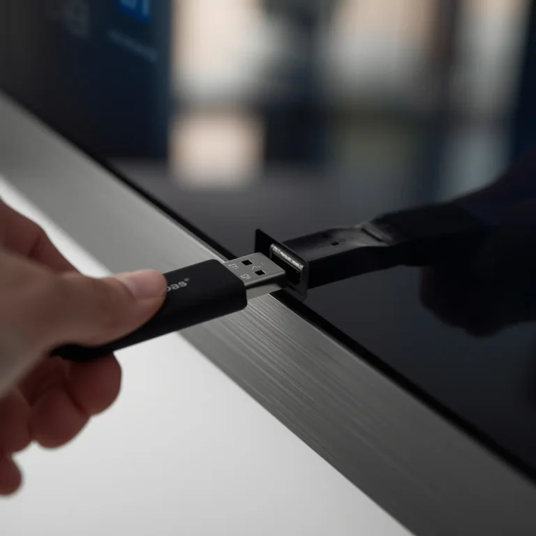 Mano insertando USB en la pantalla de un televisor instalar magis