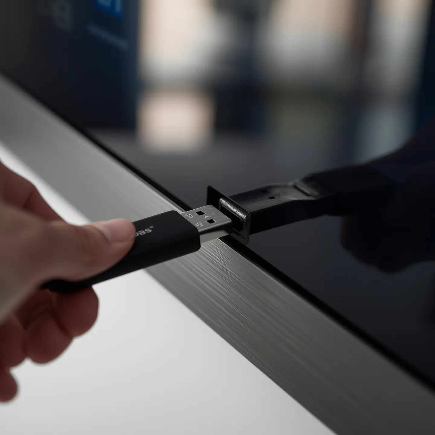 Mano insertando USB en la pantalla de un televisor instalar magis