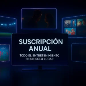 Render hiperrealista de pantallas holográficas con deportes, películas, series y contenido infantil, con texto “Suscripción Anual – Todo el Entretenimiento en un Solo Lugar”.