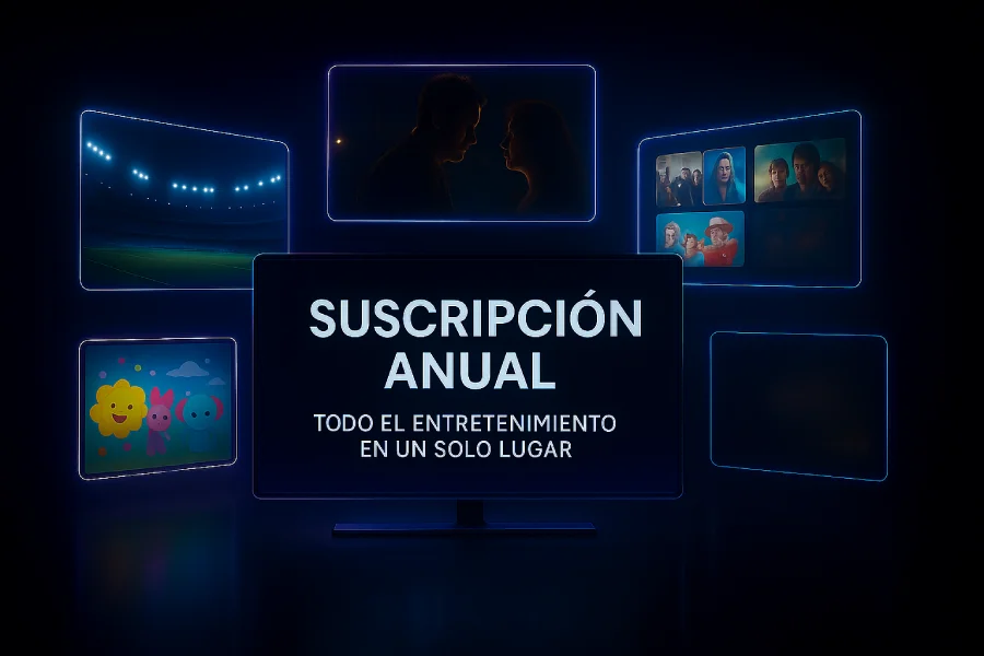 Render hiperrealista de pantallas holográficas con deportes, películas, series y contenido infantil, con texto “Suscripción Anual – Todo el Entretenimiento en un Solo Lugar”.