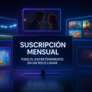 Render hiperrealista de una pantalla flotante futurista con múltiples pantallas holográficas mostrando deportes, películas, series, contenido infantil y área +18, con el texto “Suscripción Mensual – Todo el Entretenimiento en un Solo Lugar”
