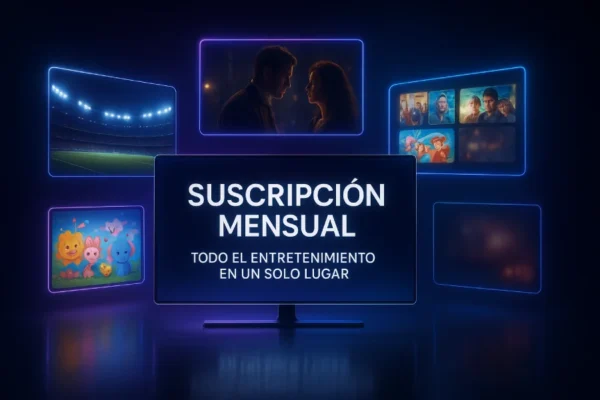 Render hiperrealista de una pantalla flotante futurista con múltiples pantallas holográficas mostrando deportes, películas, series, contenido infantil y área +18, con el texto “Suscripción Mensual – Todo el Entretenimiento en un Solo Lugar”