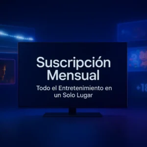 Render futurista de un dispositivo mostrando la Suscripción Mensual de streaming para 1 pantalla, con deportes, películas, series y contenido infantil.