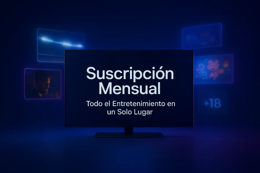 Render futurista de un dispositivo mostrando la Suscripción Mensual de streaming para 1 pantalla, con deportes, películas, series y contenido infantil.