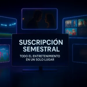Render futurista de múltiples pantallas holográficas con deportes, películas, series, contenido infantil y +18, con texto “Suscripción Semestral – Todo el Entretenimiento en un Solo Lugar”.