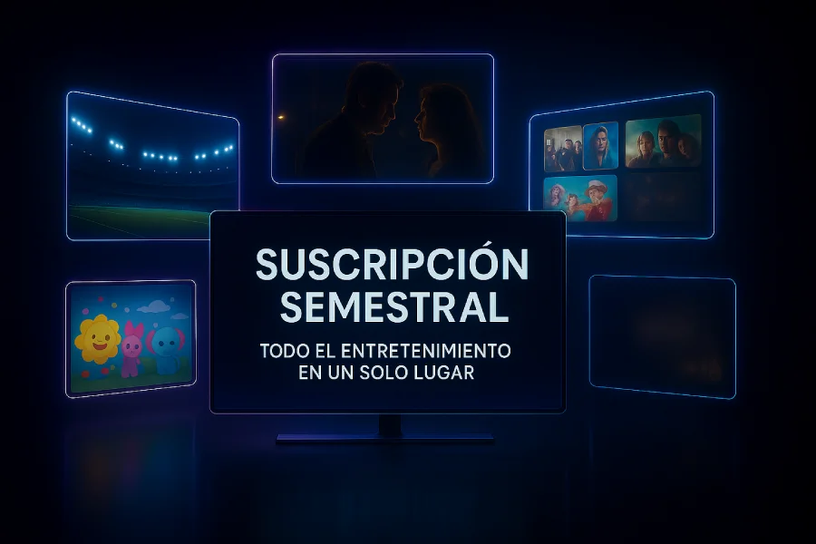 Render futurista de múltiples pantallas holográficas con deportes, películas, series, contenido infantil y +18, con texto “Suscripción Semestral – Todo el Entretenimiento en un Solo Lugar”.