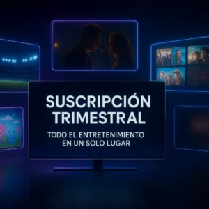 Render futurista de pantallas holográficas mostrando deportes, películas, series y contenido infantil, con texto “Suscripción Trimestral – Todo el Entretenimiento en un Solo Lugar”.