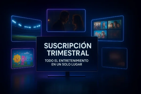 Render futurista de pantallas holográficas mostrando deportes, películas, series y contenido infantil, con texto “Suscripción Trimestral – Todo el Entretenimiento en un Solo Lugar”.