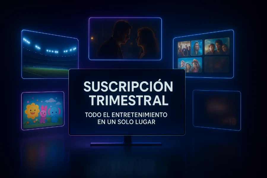 Render futurista de pantallas holográficas mostrando deportes, películas, series y contenido infantil, con texto “Suscripción Trimestral – Todo el Entretenimiento en un Solo Lugar”.
