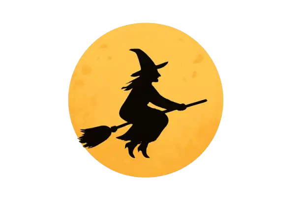 Ilustración de una bruja volando sobre la luna, parte del especial de Halloween de Magis TV Pro que promociona la descarga de la app y los planes de suscripción.