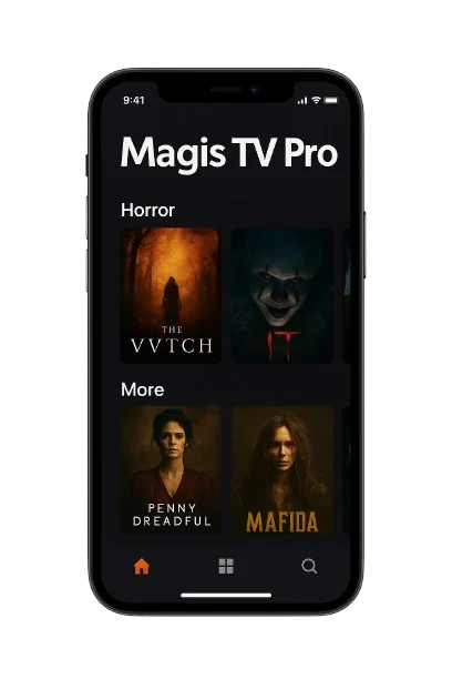 Teléfono móvil mostrando la app de Magis TV Pro con interfaz oscura y secciones de series, películas y canales en streaming.
