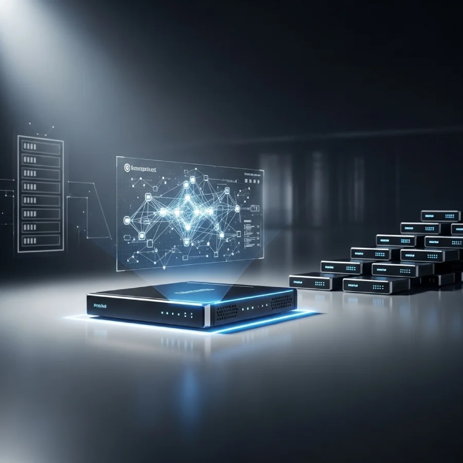 Infraestructura de servidor de alto rendimiento que representa la potente tecnología y estabilidad detrás de los planes reseller para 1 dispositivo