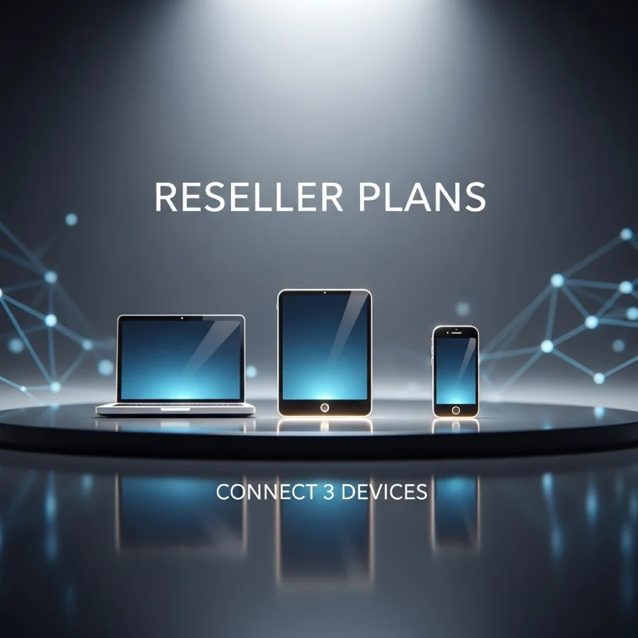 Imagen de planes reseller de Magis TV Pro con un computador portátil, una tablet y un smartphone, mostrando la conexión para tres dispositivos simultáneos.