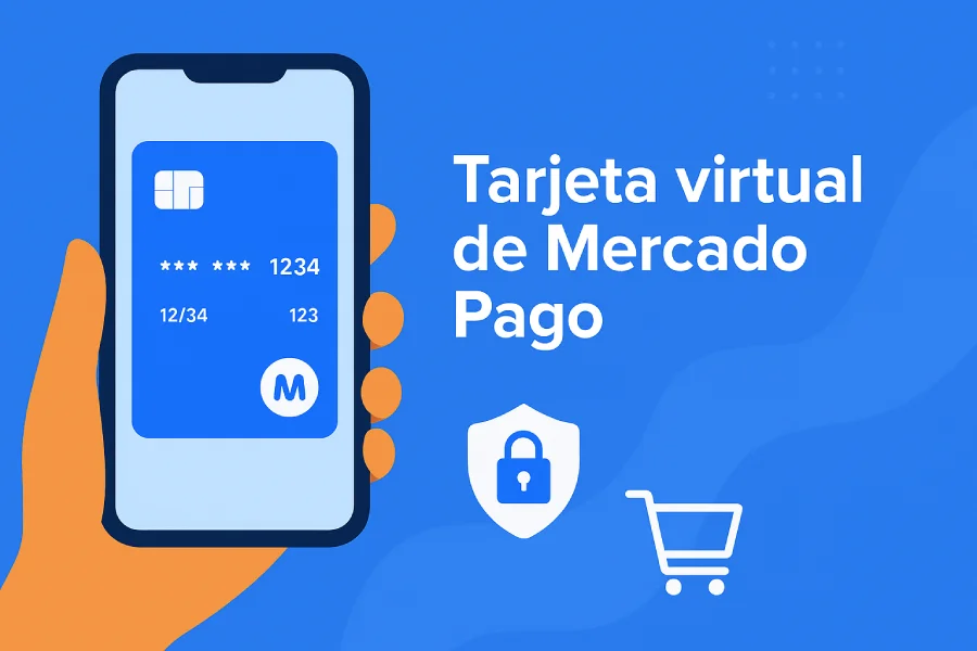 Tarjeta virtual de Mercado Pago en Argentina mostrando compras online seguras y gratuitas